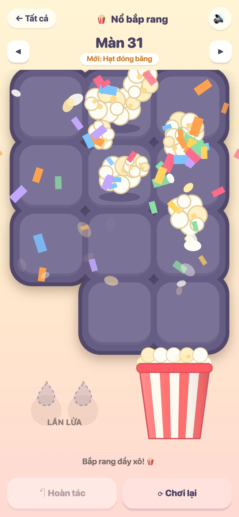 Popcorn flies into the bucket after a cleared level